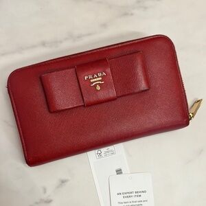 Vintage Prada Red Leather Zipper Saffiano Wallet with Kawaii Bow